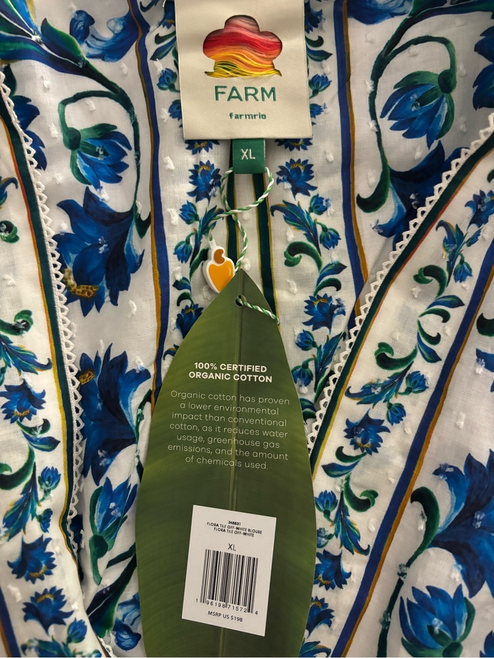 FARM Rio Blue and White Floral V-Neck Smocked Waist Puff Sleeve Top - Picture 3 of 3